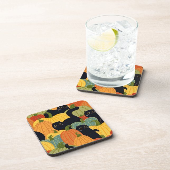 Cute Black Cat and Pumpkin Halloween Seamless  Coaster (Right Side)