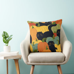 Cute Black Cat and Pumpkin Halloween Seamless Cushion