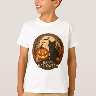Cute Black Cat and Pumpkin Happy Halloween Art T-Shirt