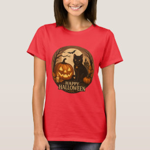 Cute Black Cat and Pumpkin Happy Halloween Art T-Shirt