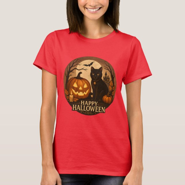 Cute Black Cat and Pumpkin | Happy Halloween Art T-Shirt (Front)