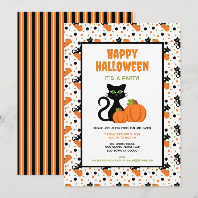 Cute Black Cat and Pumpkins Happy Halloween Invitation (Front/Back)