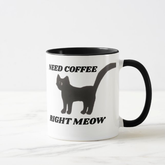 CUTE BLACK CAT ART LONG TAIL ON HANDLE COFFEE MUG (Right)