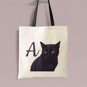 Cute Black Cat Art Monogram Tote Bag