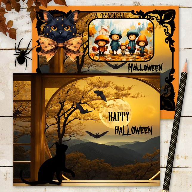 Cute Black Cat Bat Halloween Photo Holiday Card (Halloween photo card featuring a cute black kitty having a blast with the bats at full moon)