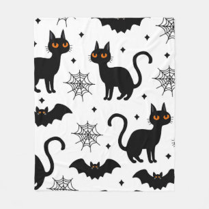 Cute Black Cat, Bat & Spider Web Seamless Pattern Fleece Blanket
