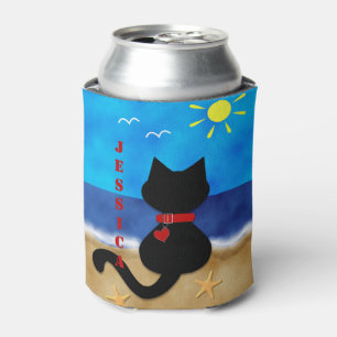 Cute Black Cat Beach Theme Can Cooler