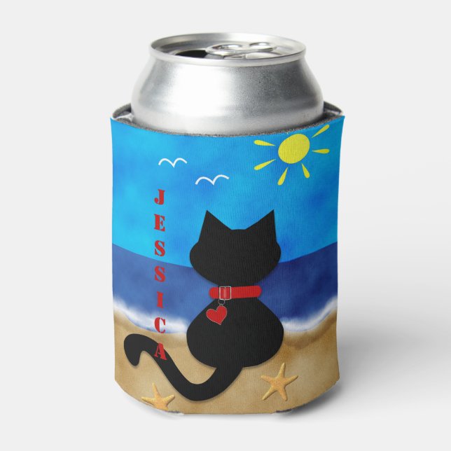 Cute Black Cat Beach Theme Can Cooler (Can Front)