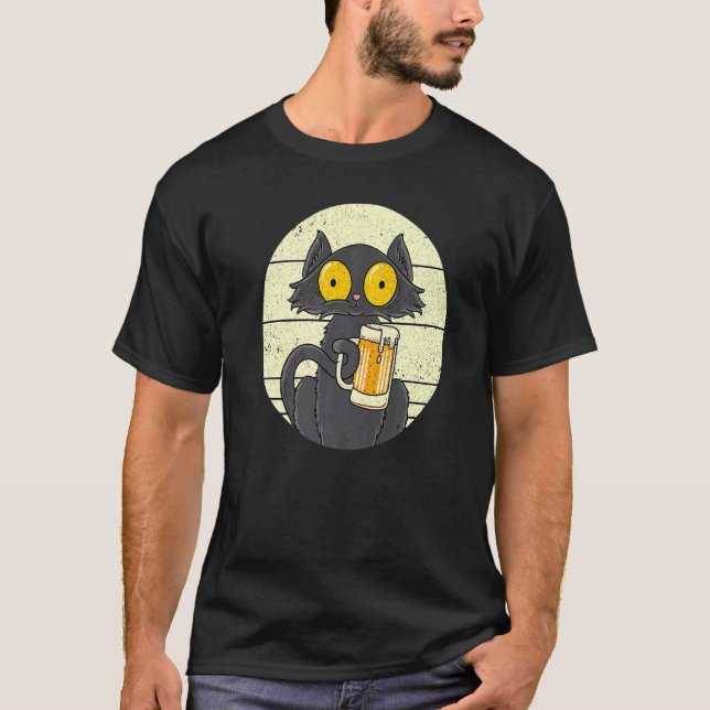 Cute Black Cat Beer Cat Beer Cats Meow Noise Cat T-Shirt (Front)