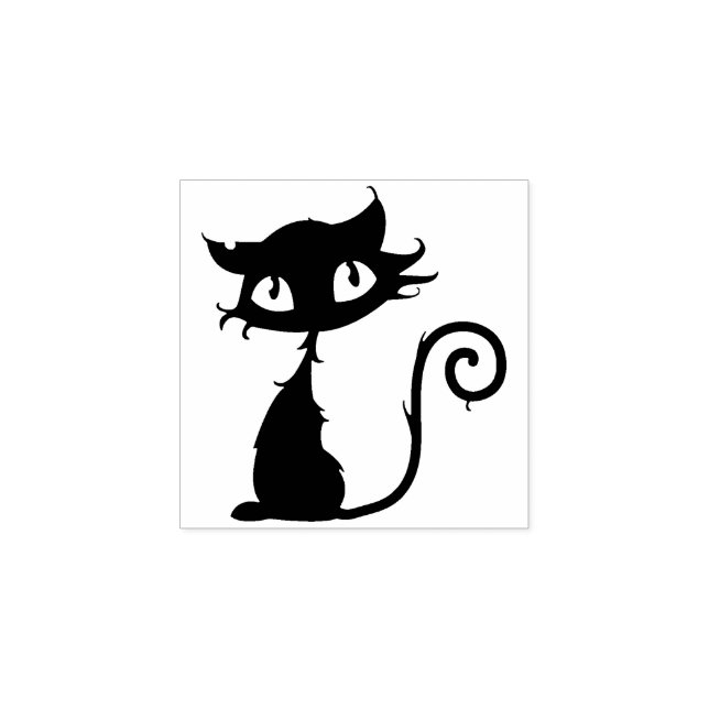 Cute Black Cat Big Eyes Halloween Rubber Stamp (Imprint)