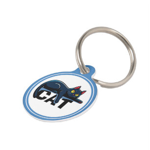 Cute Black Cat Blue Circle Pet ID Tag