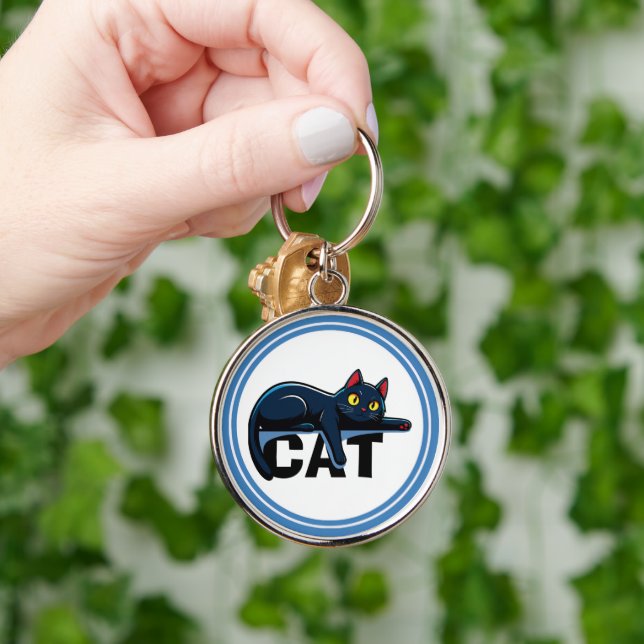 Cute Black Cat Blue Frame Round Keychain (Hand)