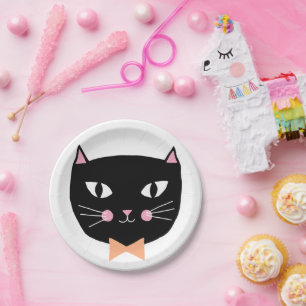Cute Black Cat Bow Tie Halloween Birthday Paper Plate