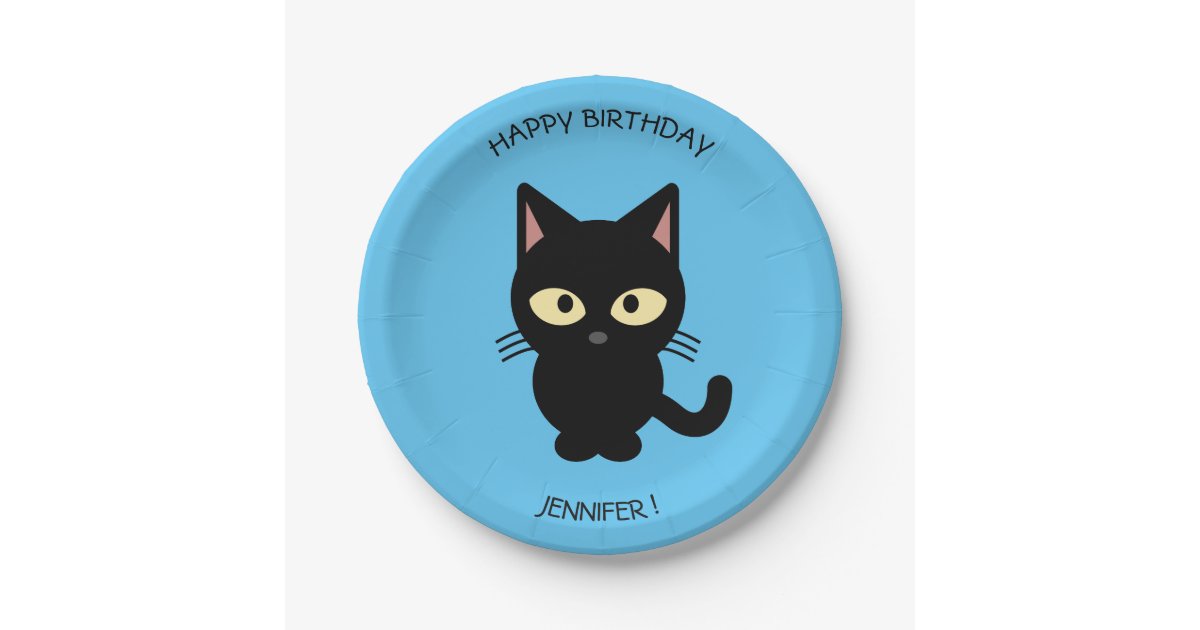 Cute black cat cartoon blue birthday kids name paper plate | Zazzle