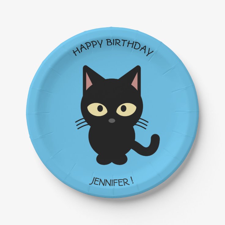 Cute black cat cartoon blue birthday kids name paper plate | Zazzle