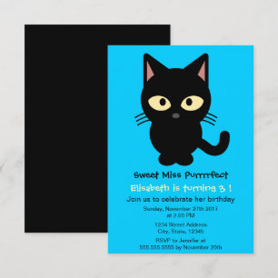 Cute black cat cartoon blue girl birthday party invitation