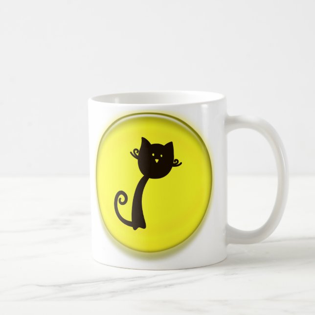 Cute Black Cat Cartoon in Yellow 3D Circle Design Coffee Mug (Right)