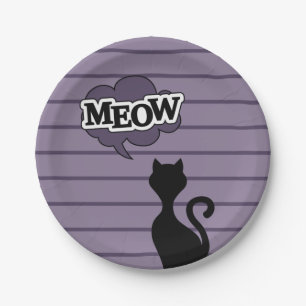 Cute black cat cartoon says meow paper plate