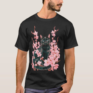 Cute Black Cat Cherry Blossom Japanese Sakura Cat T-Shirt