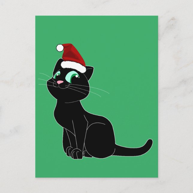 CUTE BLACK CAT CHRISTMAS ART POSTCARD (Front)