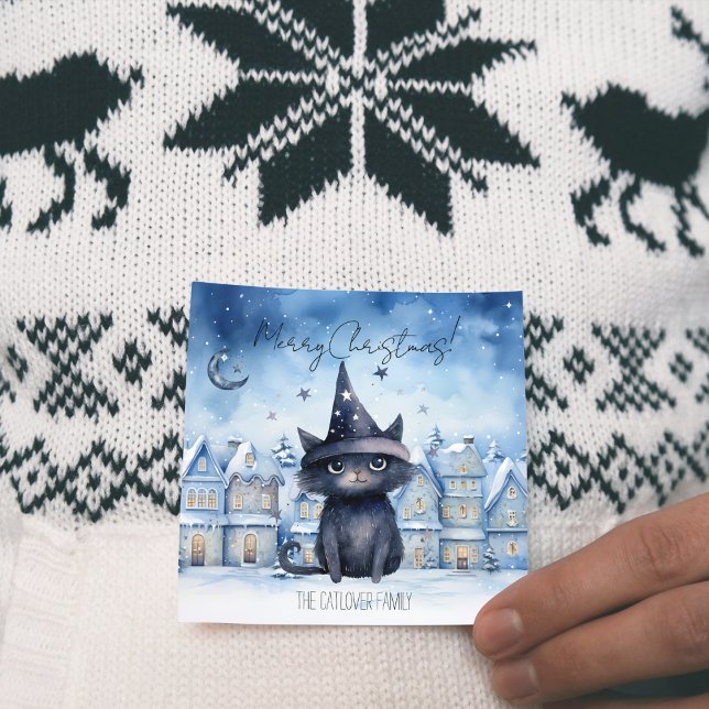 Cute Black Cat Christmas Festive Holiday  (Black Wizard Cat Christmas Poster - Magical Holiday Card)
