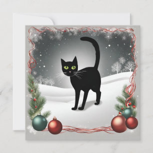 Cute Black Cat Christmas Illustration  Holiday Card