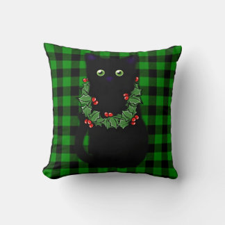 Cute Black cat Christmas kitty green black plaid Cushion