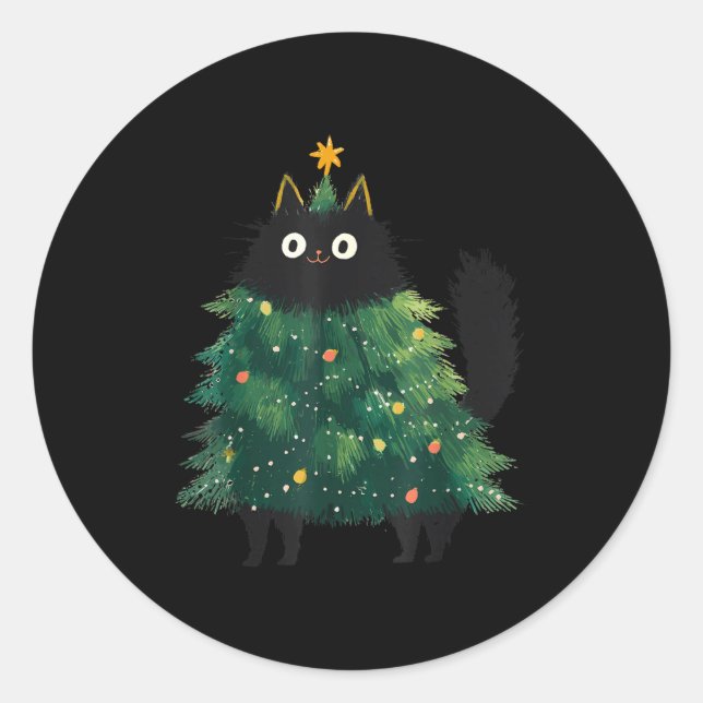 Cute Black Cat Christmas Tree Funny Kitten Lover X Classic Round Sticker (Front)