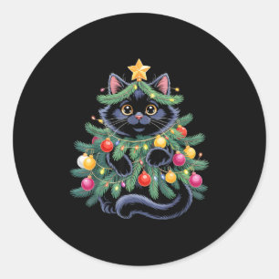 Cute Black Cat Christmas Tree Funny Kitten Lover X Classic Round Sticker