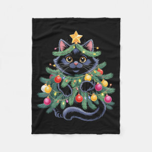 Cute Black Cat Christmas Tree Funny Kitten Lover X Fleece Blanket