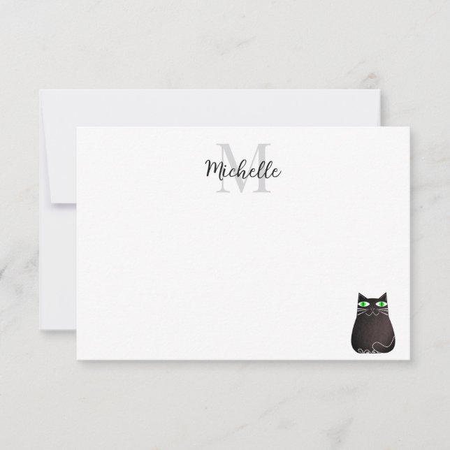 Cute Black Cat Custom Monogram Card (Front)
