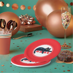 Cute Black Cat Custom Name Red Circle Paper Plate