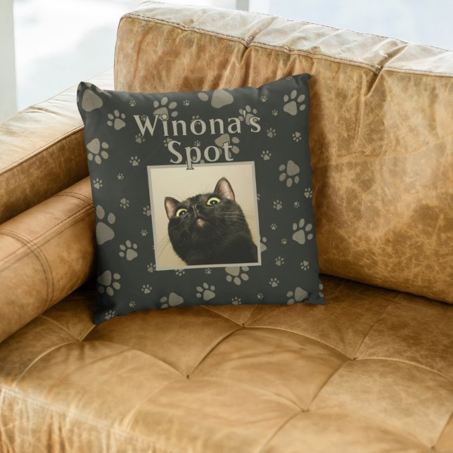 Cute Black Cat Custom Pet Photo Name Paws Cushion (Creator Uploaded)