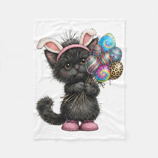 Cute Black Cat Easter Bunny Ears Eggs Easter Day W Fleece Blanket (Front)
