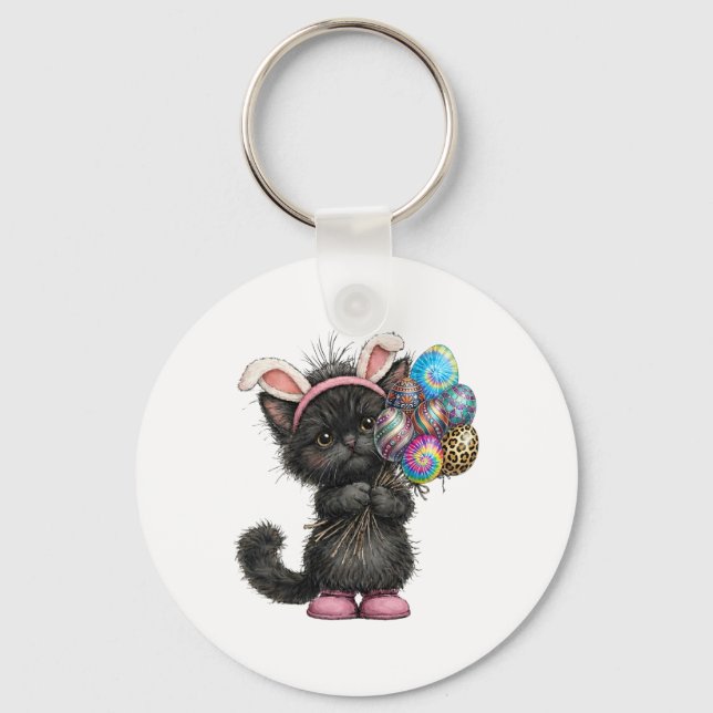 Cute Black Cat Easter Bunny Ears Eggs Easter Day W Key Ring (Front)