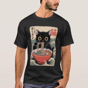Cute Black Cat Eating Noodles in Japanese Bowl Ill T-Shirt