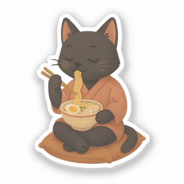 Cute Black Cat Eating Ramen  (Front)