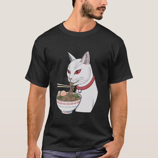 Cute Black Cat Eating Ramen Japanese Aesthetic T-Shirt (Front)