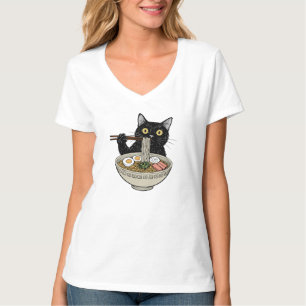Cute Black Cat Eating Ramen Japanese Style T-Shirt