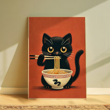 Cute Black Cat Eating Ramen Kawaii Noodle Wall
