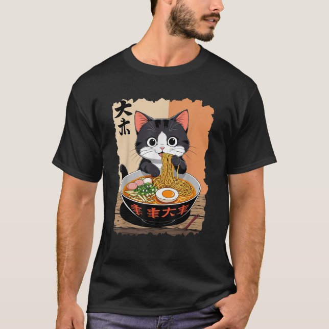 Cute Black Cat Eating Ramen Noodles Lover Japanese T-Shirt (Front)
