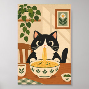 Cute Black Cat Eating Ramen – Vintage Japanese Foo Poster