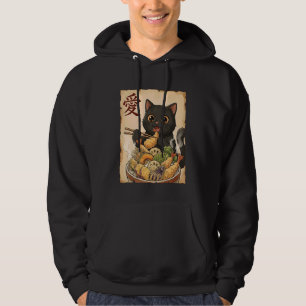 Cute Black Cat Eating Tempura Bowl Anime Art Japan Hoodie