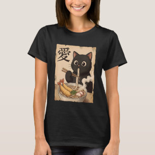 Cute Black Cat Eating Udon Anime Noodle Lover Japa T-Shirt