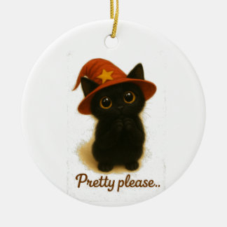 Cute Black Cat Emi Begging Pose – Kawaii Witch Hat Ceramic Tree Decoration