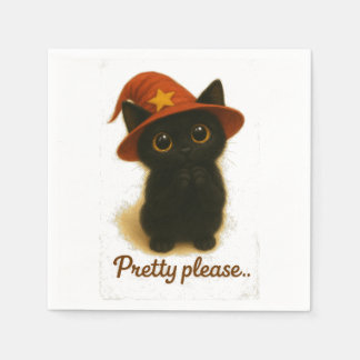 Cute Black Cat Emi Begging Pose – Kawaii Witch Hat Napkin