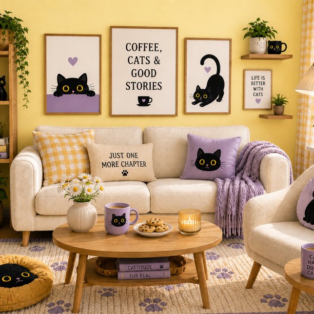 Cute Black Cat Face Throw Pillow – Lavender Cat Ca (Cat Cafe Inspired Decor)