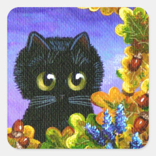 Cute Black Cat Fall Leaves Creationarts Square Sticker