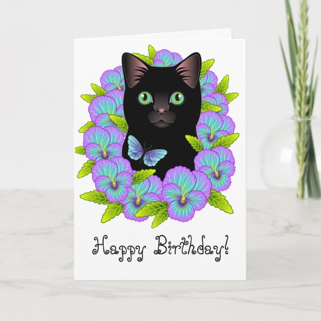 Cute Black Cat Floral Magic Happy Birthday card (Front)