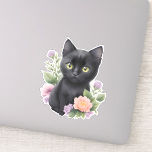 Cute Black Cat Floral Whimsical 